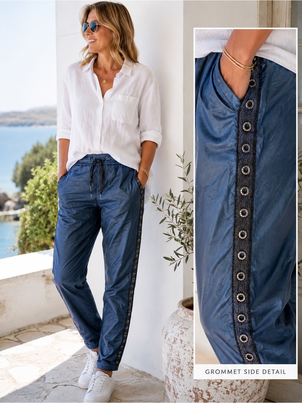 Italian Boutique Metallic Blue Joggers | Grommet Side Trim | Size L